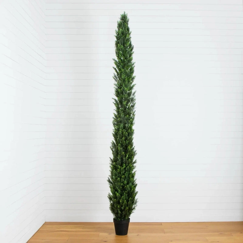 12-ft artificial cedar topiary tree with narrow conical foliage in black pot