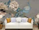 3D Peacock Peony Flower Gold Line Self-adhesive Removeable Wallpaper Wall Mural Peony
