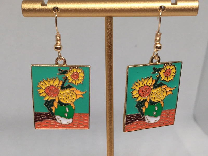 Van Gogh Sunflowers enameled earrings. Stainless steel hooks. Art Beauty Nature Sunflower