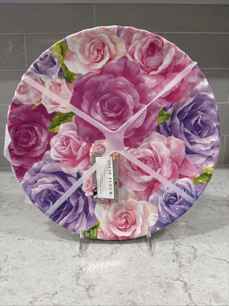 Melamine dinner plate with pink and purple rose floral design