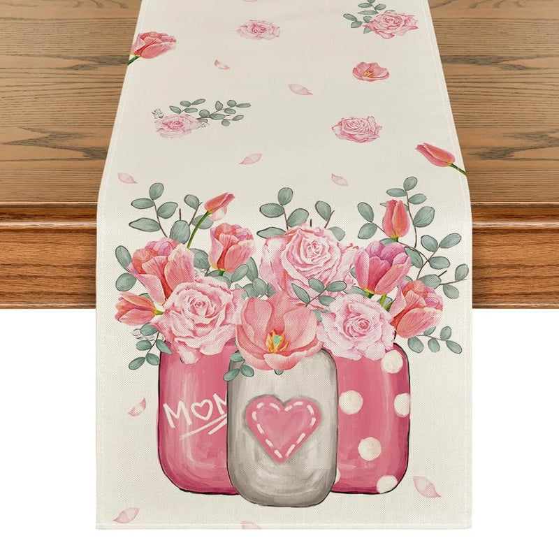 Tulips Carnations Flower Vase Eucalyptus Mother's Day Table Runner, Kitchen Din Carnation