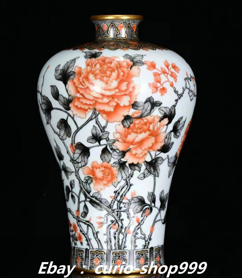 9"Qianlong Ink Colour Porcelain Gold Poems Word Peony Flower Pattern Bottle Vase Peony