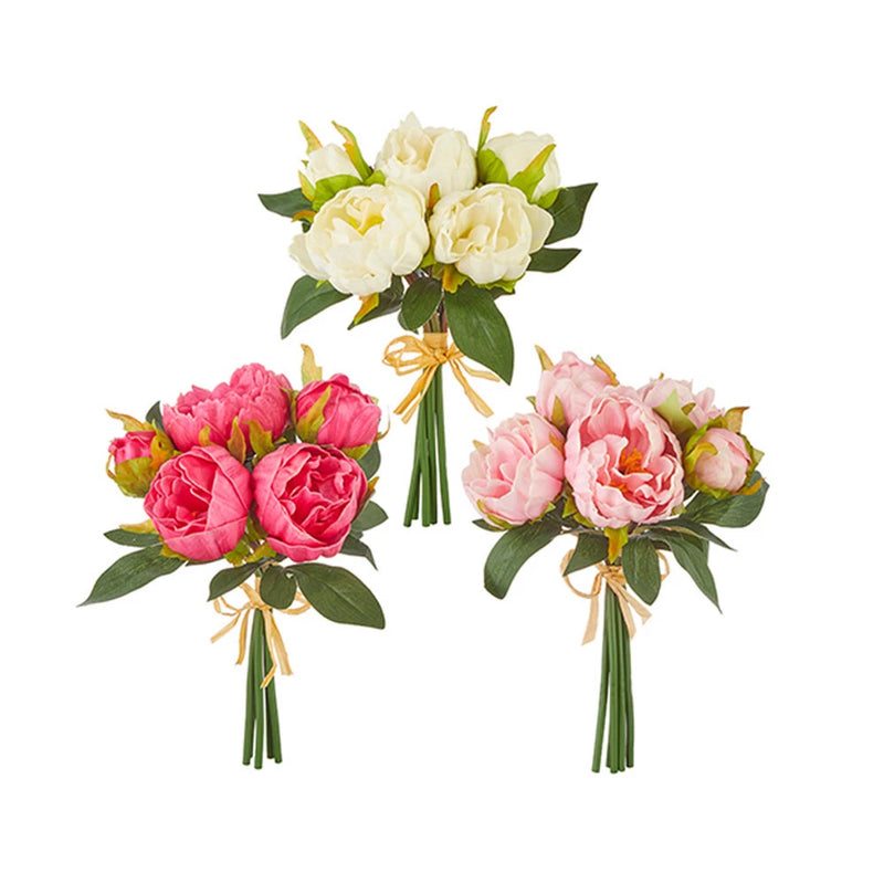 Artificial peony flower bundle with cream, pink, and blush blooms and green leaves