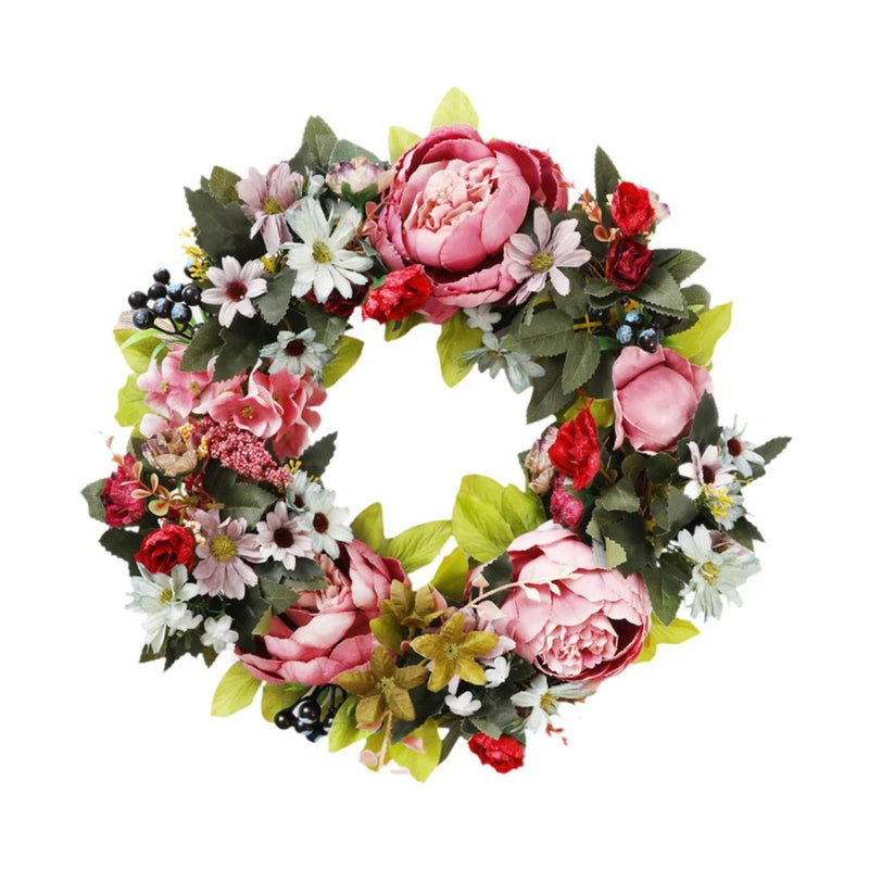 Artificial peony flower wreath with pink, red, and white blooms and green leaves, 16 inch