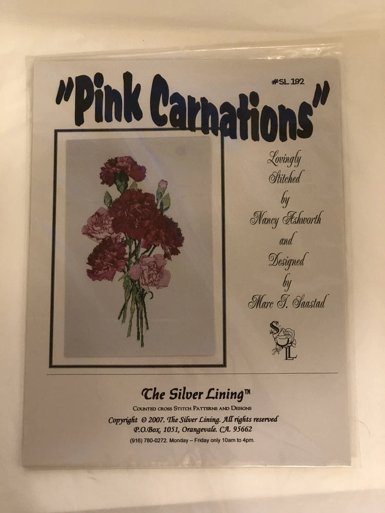 Cross stitch chart pattern packaging: Pink Carnations design for counted embroidery