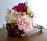 Silk Flower BRIDAL BOUQUET  Fuchsia Blush Pink Cream Peony Waxflower Hydrangea Bouquet