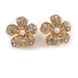 Clear Crystal Daisy Flower Clip On Earrings in Gold Tone - 18mm Diameter Daisies