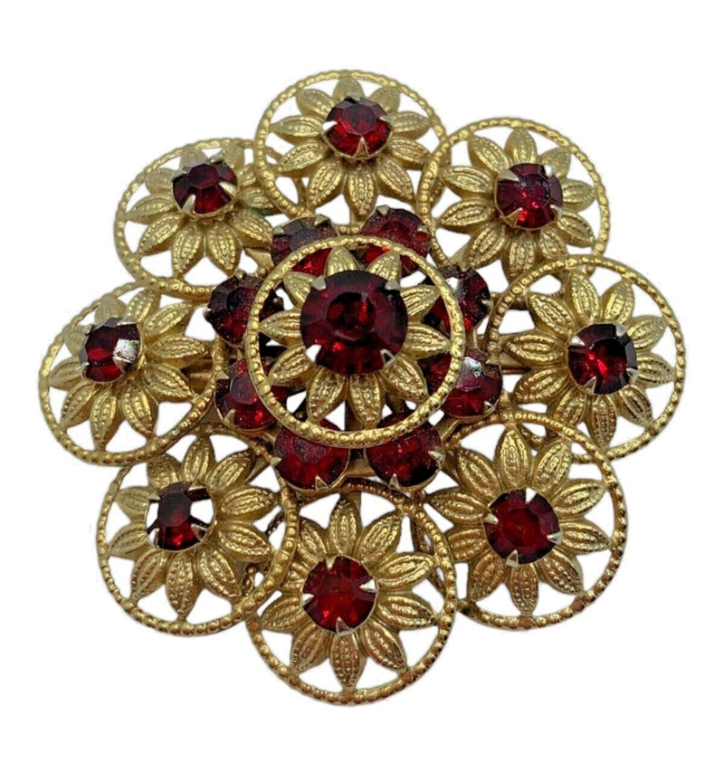 Red Rhinestone Petal Daisies Sunflowers Brooch Pin Prong Set Gold Tone Openwork Sunflower