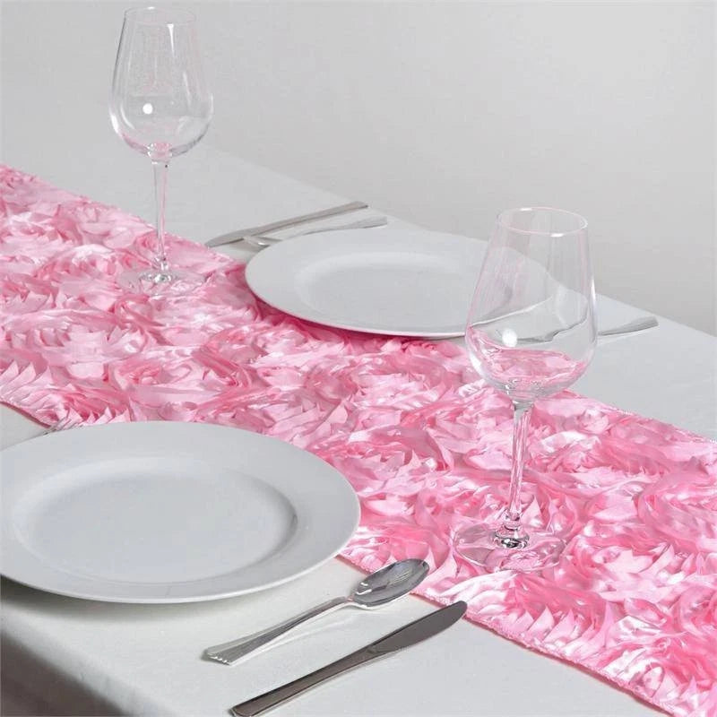 Pink ribbon roses table runner with ruffled floral pattern