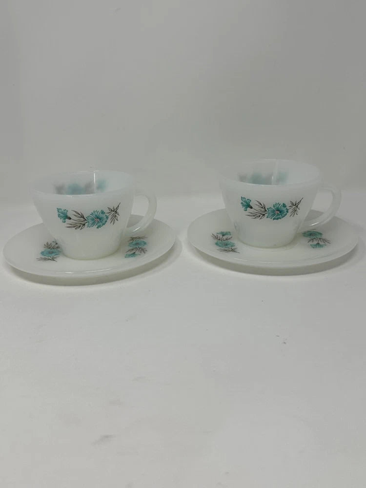 Vintage Fire King Bonnie Blue Carnation Flower Coffee Tea Set of 2 Cup/Saucer A3 Carnation