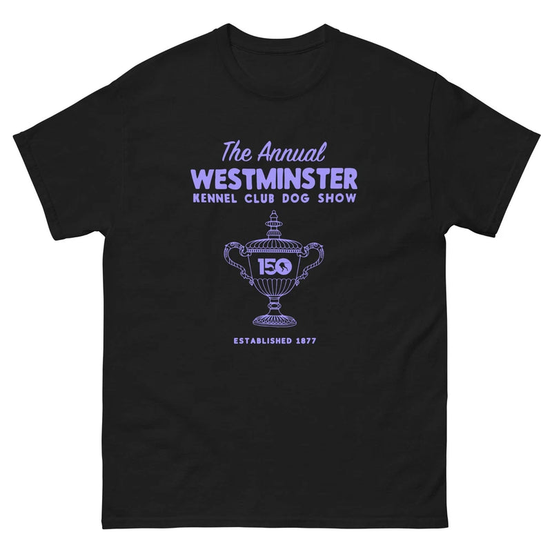 Black unisex classic T-shirt with purple Westminster 150th anniversary dog show graphic