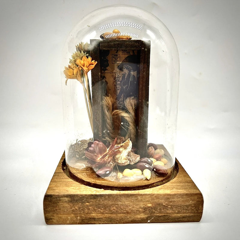 Glass dome cloche dried flower shadow box with wood base, brown and tan blooms