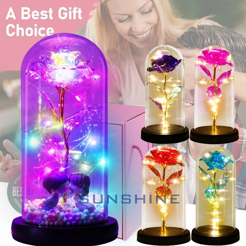 LED preserved rose flower gift in clear glass dome, purple and gold lights