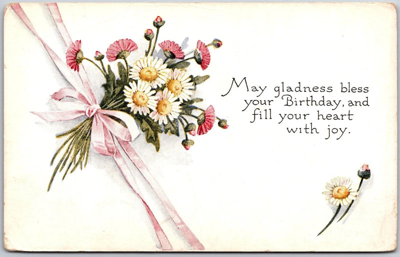 Birthday Wishes, Pink Carnations & White Daisies Bouquet In Pink Ribbon Postcard Carnation