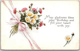 Birthday Wishes, Pink Carnations & White Daisies Bouquet In Pink Ribbon Postcard Carnation