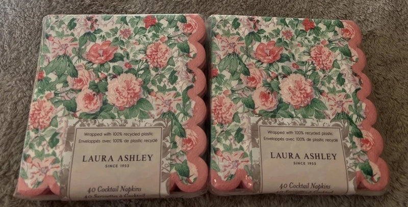 Laura Ashley cocktail napkins set of 2, pink floral print, scalloped edges (80 count)