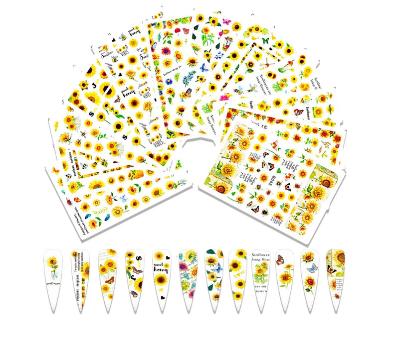12 sheets of sunflower and butterfly nail stickers with assorted flower designs