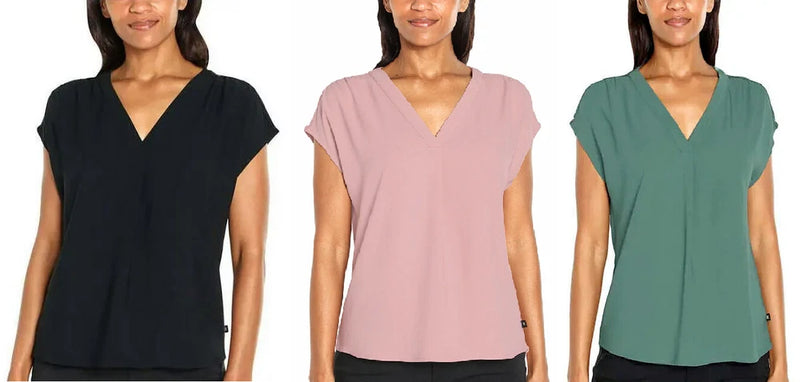 Ladies short sleeve V-neck blouse in dark, dusty pink, and teal