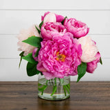 Nearly Natural Artificial Peony Arrangement Glass Faux Water Fuchsia 12" Peony