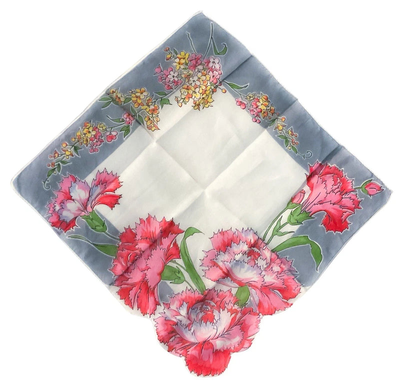 Vtg Hankie Handkerchief CARNATIONS Floral Flowers Buds Pink Red Shaped 12Óx11Ó Carnation