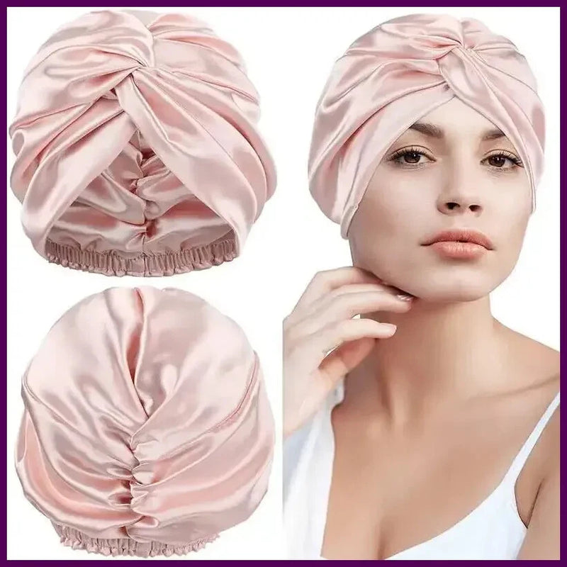 Pink mulberry silk turban bonnet with twisted knot and gathered edge trim