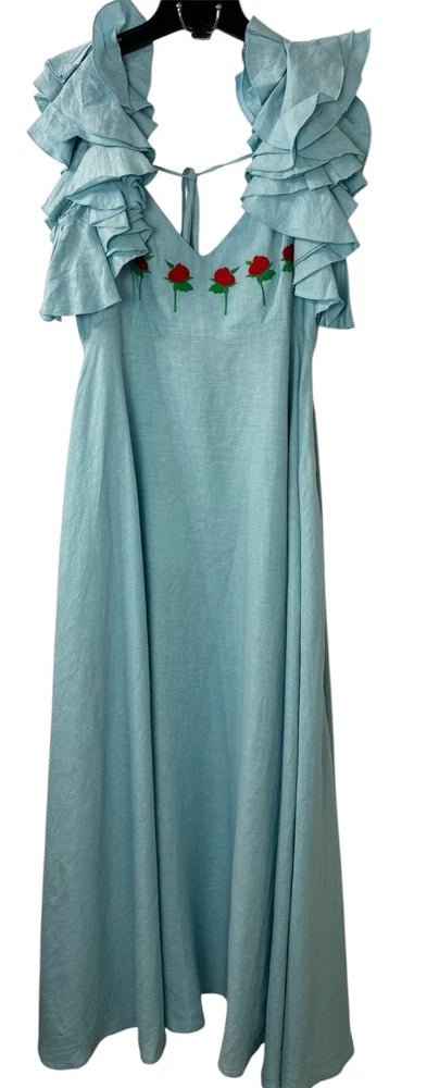 FANM MON Medium Hydrangea Blue Demre Linen Embroidered Maxi Dress Ruffle Sleeve Hydrangea