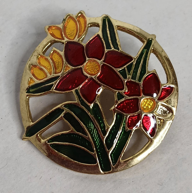 Vintage Red Flower Enamel Cloisonne Gold Tone Brooch Lily Lily