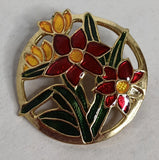 Vintage Red Flower Enamel Cloisonne Gold Tone Brooch Lily Lily