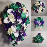 Hunter Green Purple Ivory Rose Calla Lily Orchid Bridal Wedding Bouquet Accessor Bouquet