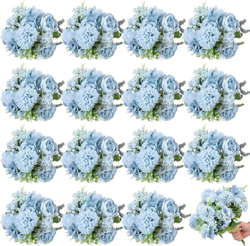 Elegant Blue Artificial Peony & Hydrangea Bouquet for Wedding Decor (16 Pcs) Peony