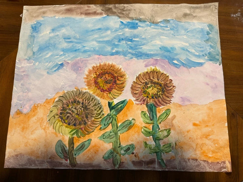 Original sunflower painting on canvas with three yellow blooms and green stems