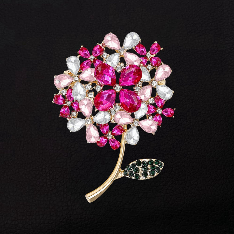Women's Rose Pink Crystal Rhinestone Hydrangea Flower Brooch Pin Hydrangea