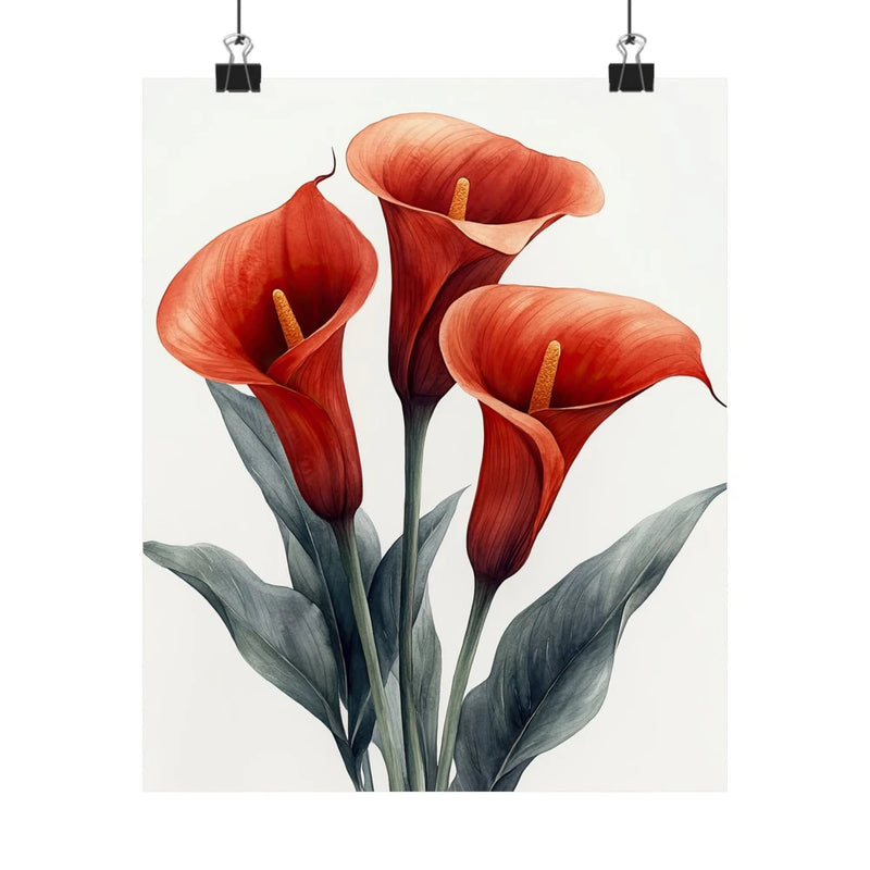 Calla lily art print poster with red flowers and green-gray leaves on stems