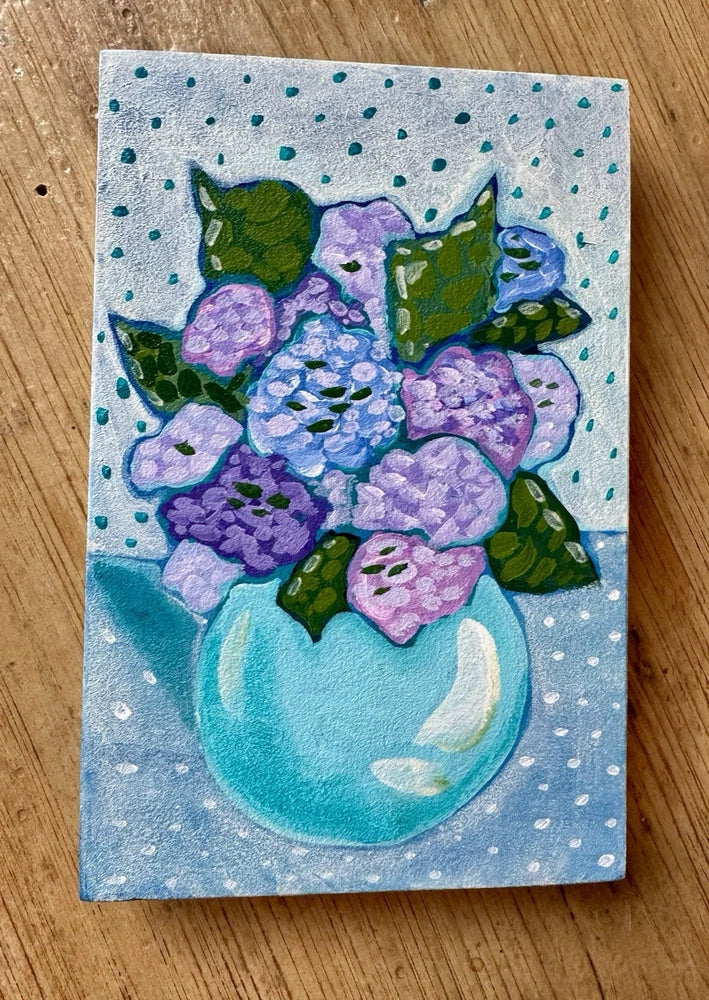 Hydrangea still life vase blue purple spring original art painting cottagecore Hydrangea