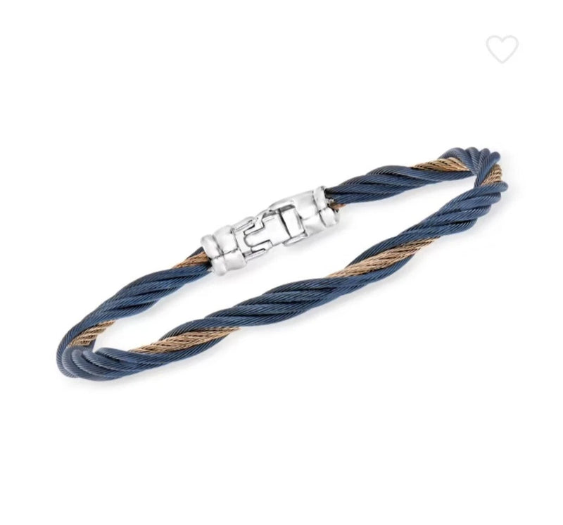 Blue and tan braided cable bracelet with stainless steel clasp and interlocking links