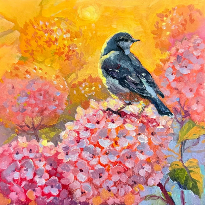 Hydrangea Painting Original Small Oil Painting Flower Bird Painting Hydrangea