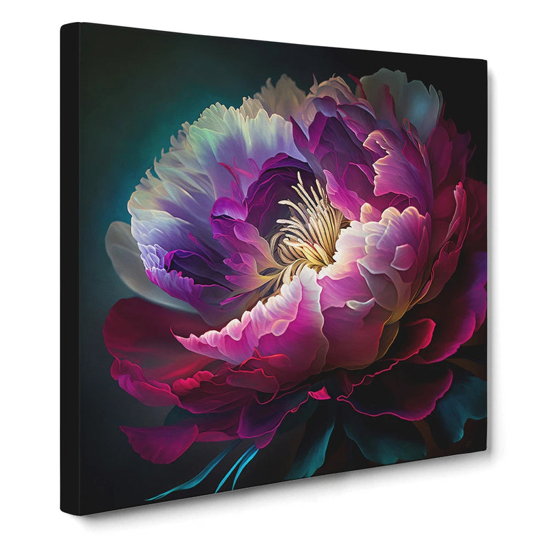 Framed canvas wall art with abstract peony flowers in purple, pink, and teal