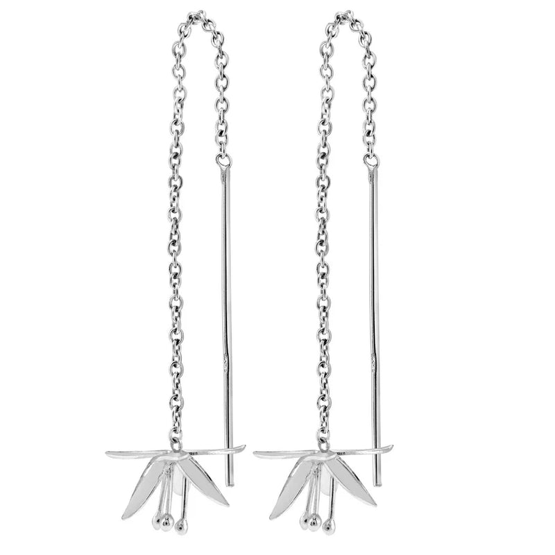 Sterling silver lily dangle earrings with slide-through bar and leaf details