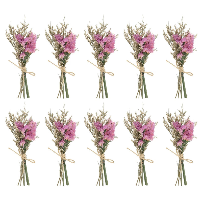 Mini dried flower bouquets set of 10, small pink-lavender blossoms tied with twine