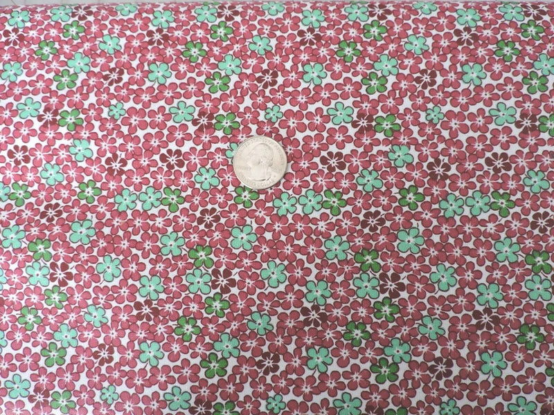 100% Cotton Fabric Green and Raspberry Flowers on White  - By the Yard Flowering Plants