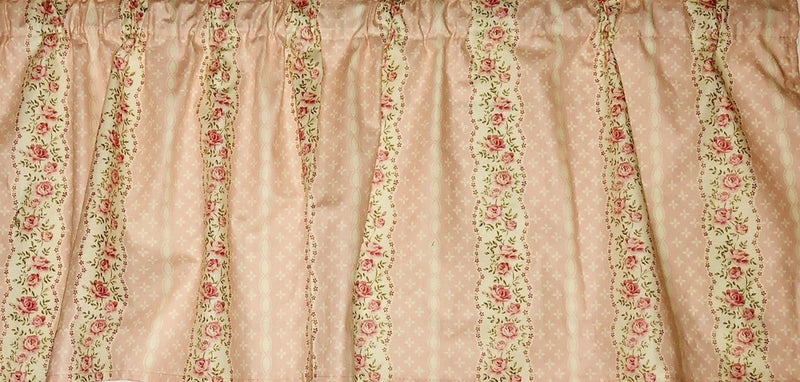 Pink rose floral scalloped valance curtain with gathered ruffle edge