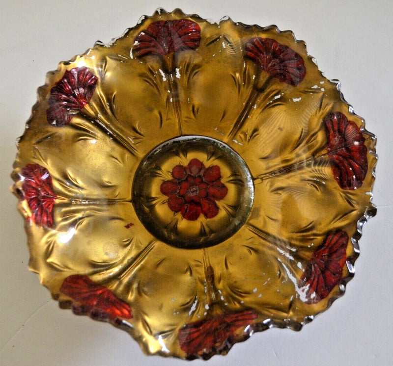 Vintage Carnation Goofus Glass Reverse Painted Red And Gold 9" Serving Bowl Carnation