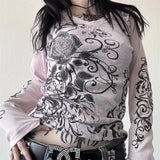 Y2K Gothic Rose Graphic Long Sleeve Top Women Grunge Streetwear Tee Roses