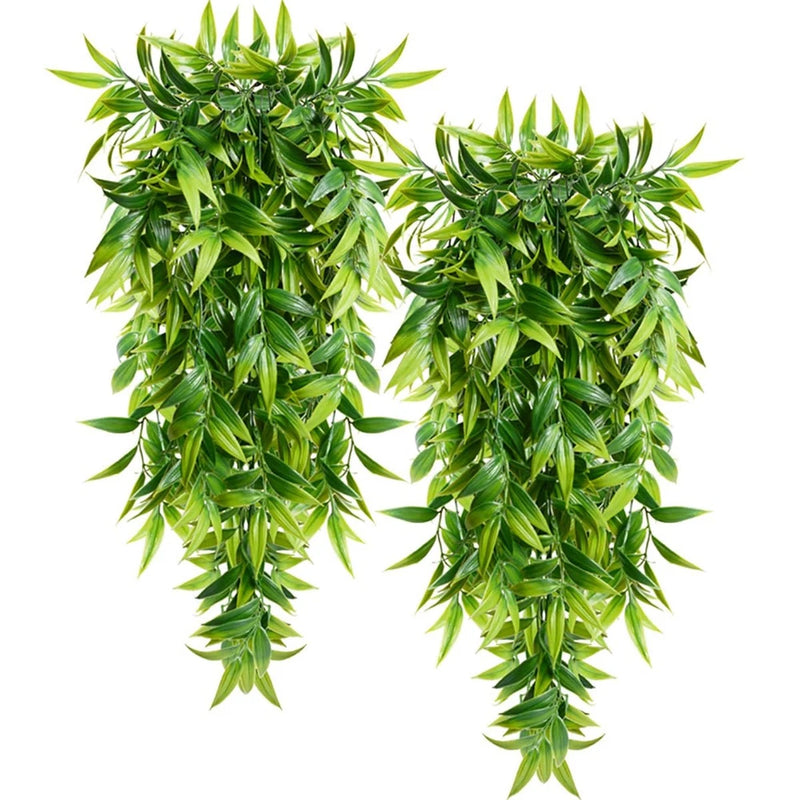 Artificial hanging plant with dense green leaf clusters on trailing stems