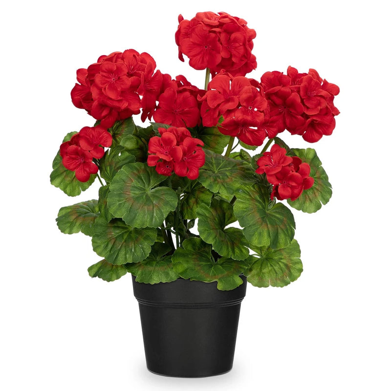 Red artificial geranium plant with green leaves in a black round pot