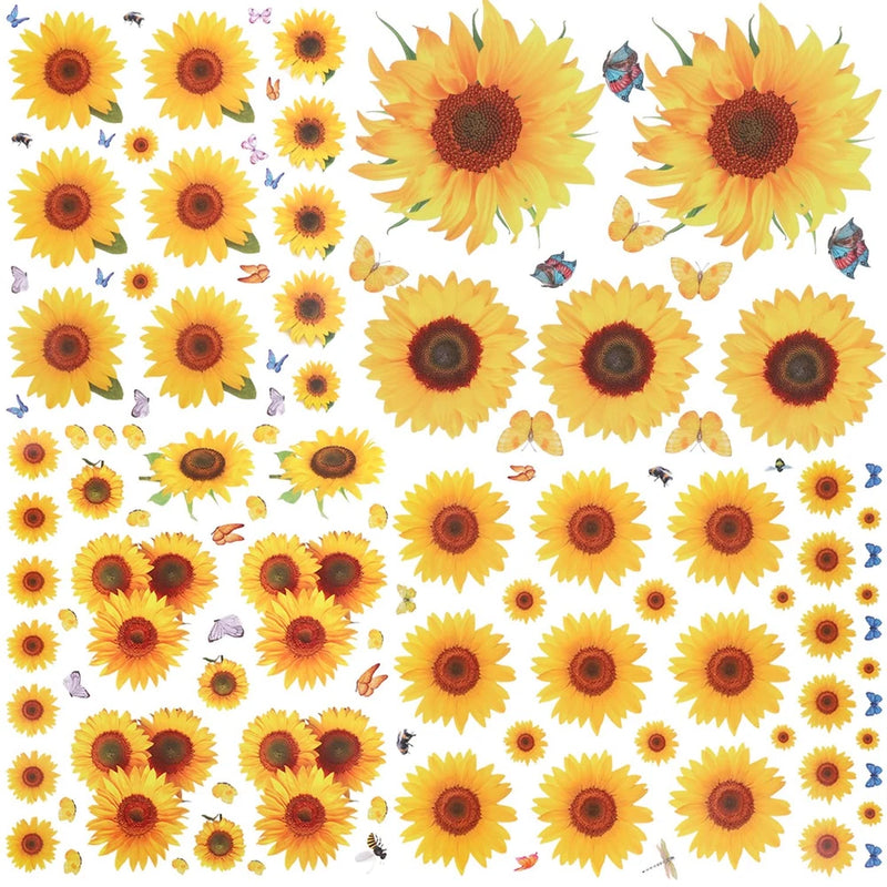 Sunflower wall sticker set sheet with multiple 3D yellow blooms and small butterflies