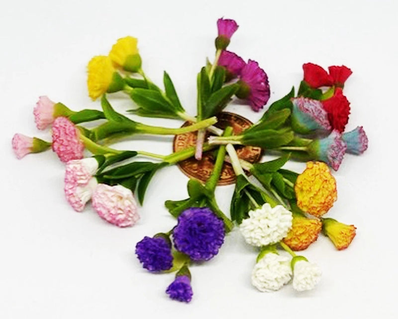 Miniature dolls house carnation flower bunch of 3, multicolor blooms with green stems