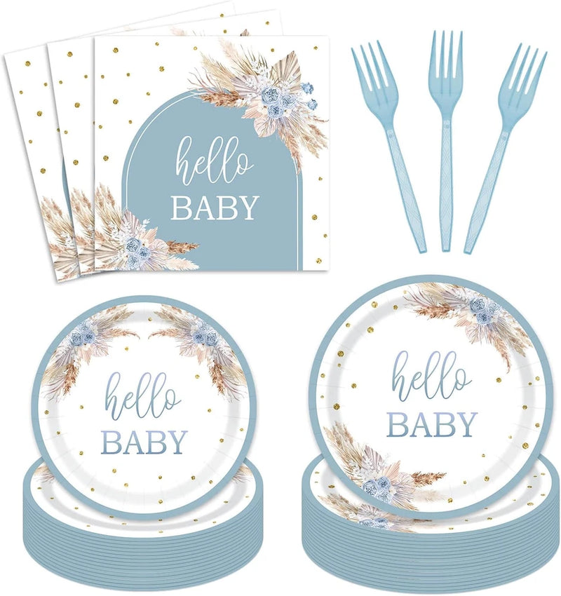 96 Pieces Dusty Blue Baby Shower Tableware Set Party Supplies - Pampas Grass Boh Pampas Grass