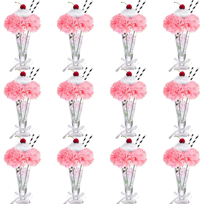 Artificial pink carnation flower bunches in clear glass vases, party decor set of 12