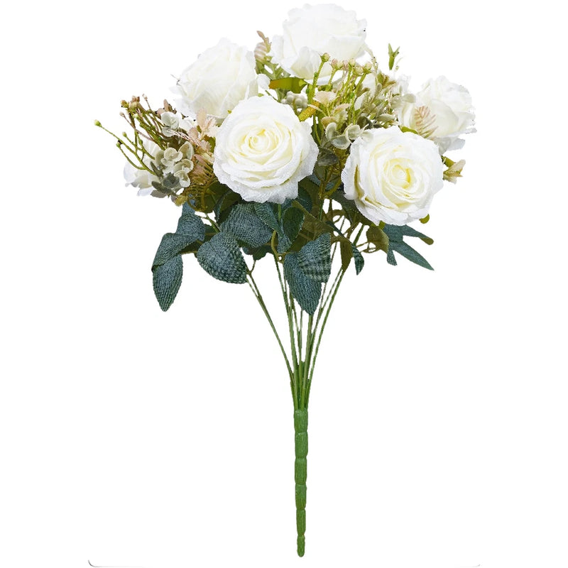 Faux white rose bouquet with green leaves and small mixed filler flowers